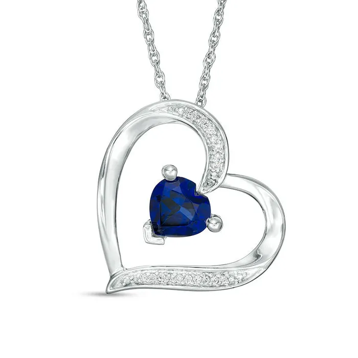 Necklaces 60mm HeartShaped LabCreated Blue Sapphire and Diamond Accent Tilted Heart Pendant in Sterling Silver Goldia