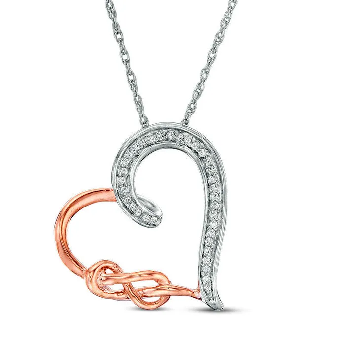 Necklaces Goldia 007 CT TW Natural Diamond Infinity Knot Tilted Heart Pendant in Sterling Silver and 10K Rose Gold