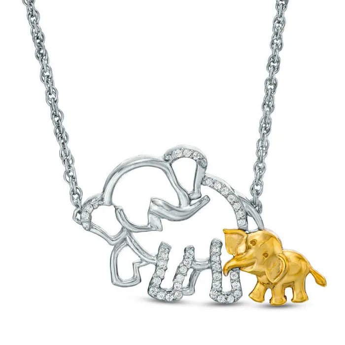 Necklaces Goldia 01 CT TW Natural Diamond Elephant and Calf Necklace in Sterling Silver and 10K Yellow Gold