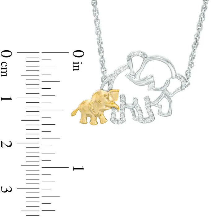 Necklaces Goldia 01 CT TW Natural Diamond Elephant and Calf Necklace in Sterling Silver and 10K Yellow Gold