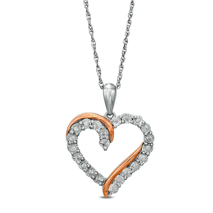Necklaces Goldia 01 CT TW Natural Diamond Overlay Heart Pendant in Sterling Silver and 10K Rose Gold