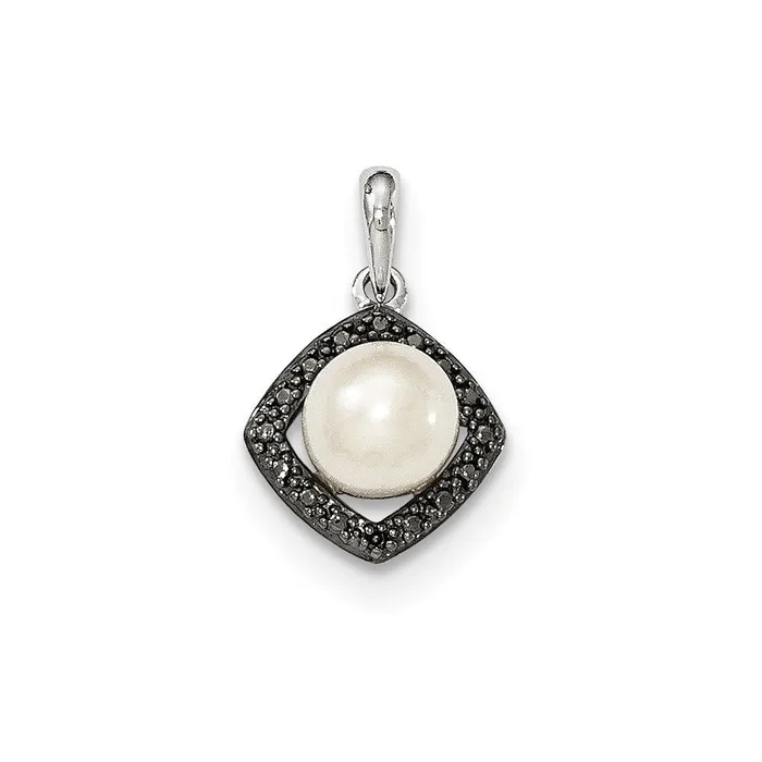 Necklaces Goldia 14k White Gold FW Cultured Pearl and Black Real Diamond Pendant