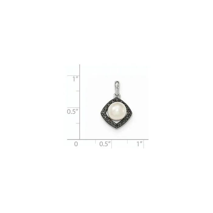 Necklaces Goldia 14k White Gold FW Cultured Pearl and Black Real Diamond Pendant