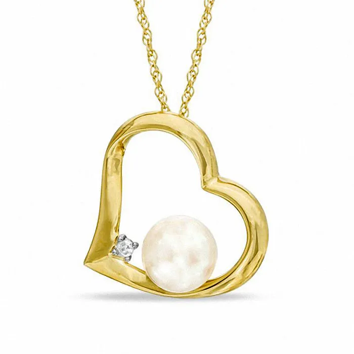 Necklaces Goldia 60 65mm Cultured Freshwater Pearl and Natural Diamond Accent Heart Pendant in 10K Yellow Gold