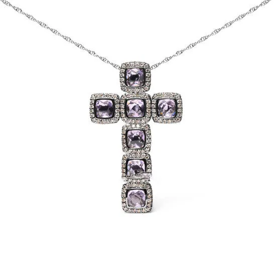 Necklaces JMS always Original Black Rhodium Plated 18K Rose Gold 1 12 Cttw Brown Pave Diamonds Cushion Cut Rose De France Amethyst Halo Cross 18 Necklace
