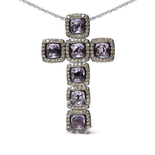 Necklaces JMS always Original Black Rhodium Plated 18K Rose Gold 1 12 Cttw Brown Pave Diamonds Cushion Cut Rose De France Amethyst Halo Cross 18 Necklace
