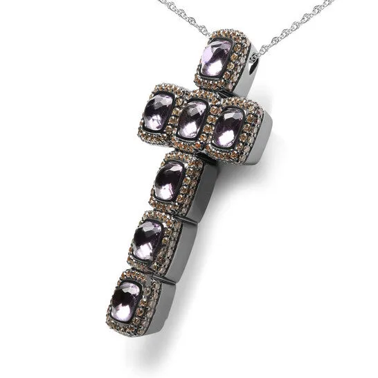 Necklaces JMS always Original Black Rhodium Plated 18K Rose Gold 1 12 Cttw Brown Pave Diamonds Cushion Cut Rose De France Amethyst Halo Cross 18 Necklace