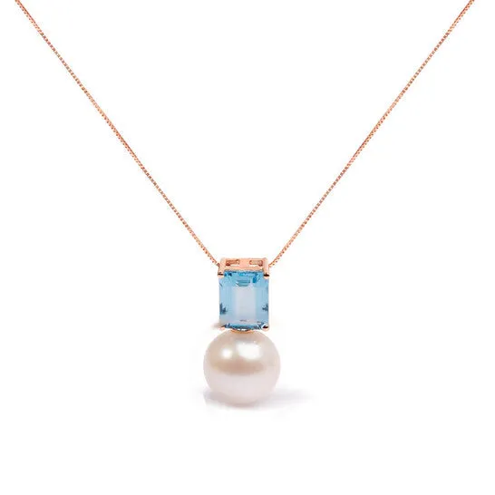 Necklaces JMS always Original Haus of Brilliance 14K Rose Gold 11MM Cultured Freshwater Pearl and 9x7mm Octagon Swiss Blue Topaz Pendant Necklace 18 Inches