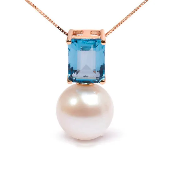 Necklaces JMS always Original Haus of Brilliance 14K Rose Gold 11MM Cultured Freshwater Pearl and 9x7mm Octagon Swiss Blue Topaz Pendant Necklace 18 Inches