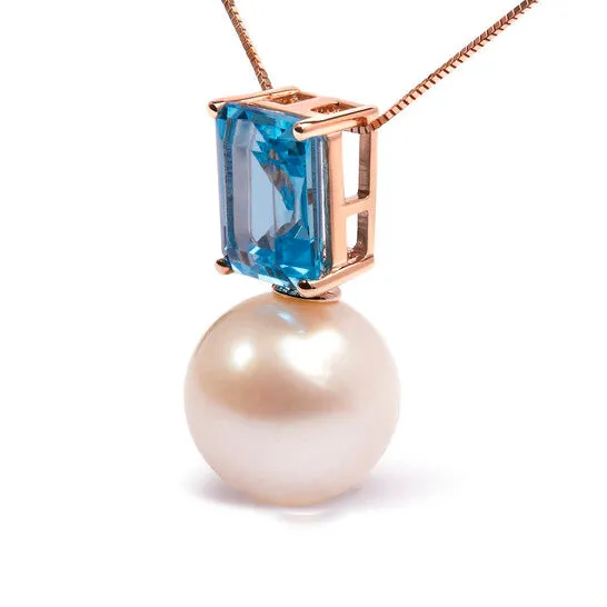Necklaces JMS always Original Haus of Brilliance 14K Rose Gold 11MM Cultured Freshwater Pearl and 9x7mm Octagon Swiss Blue Topaz Pendant Necklace 18 Inches