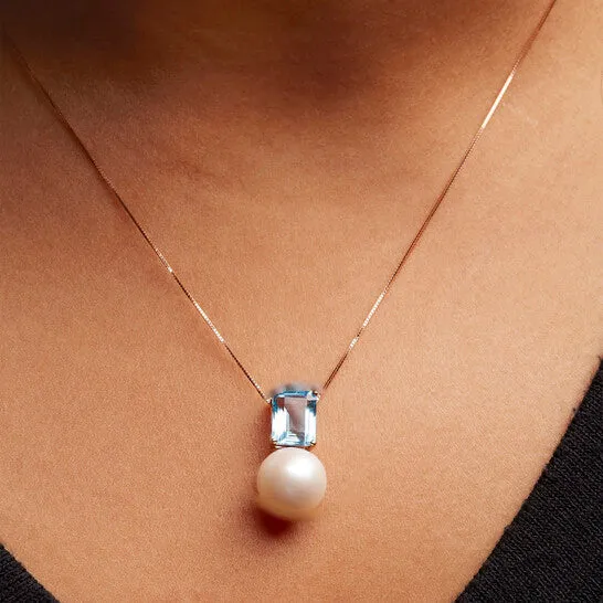 Necklaces JMS always Original Haus of Brilliance 14K Rose Gold 11MM Cultured Freshwater Pearl and 9x7mm Octagon Swiss Blue Topaz Pendant Necklace 18 Inches