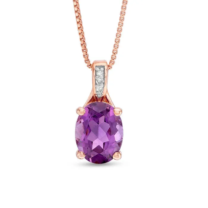 Necklaces Oval Amethyst and Natural Diamond Accent Pendant in Sterling Silver with 14K Rose Gold Plate Goldia