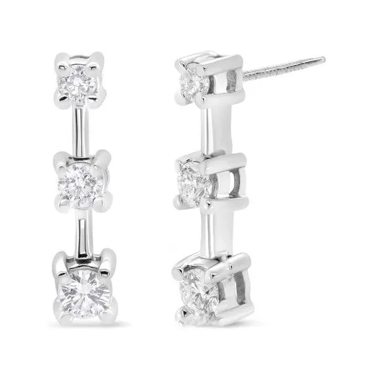 Original 14K White Gold 34 Cttw Round Diamond 3 Stone Graduated Linear Drop Past Present and Future Stud Earrings HI Color SI1SI2 Clarity JMS always Earrings