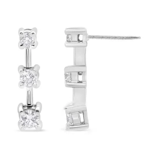 Original 14K White Gold 34 Cttw Round Diamond 3 Stone Graduated Linear Drop Past Present and Future Stud Earrings HI Color SI1SI2 Clarity JMS always Earrings