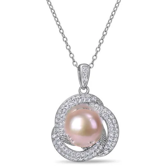 Original AMOUR 105 11 Mm Pink Cultured Freshwater Pearl and 34 CT TGW Cubic Zirconia Interlaced Halo Necklace In Sterling Silver JMS always Necklaces