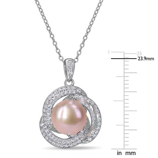 Original AMOUR 105 11 Mm Pink Cultured Freshwater Pearl and 34 CT TGW Cubic Zirconia Interlaced Halo Necklace In Sterling Silver JMS always Necklaces