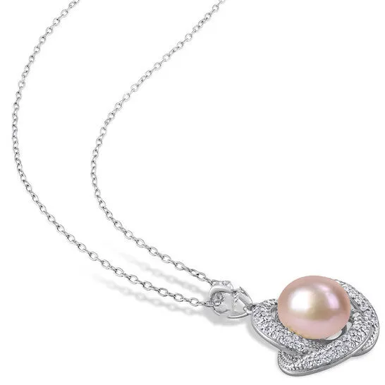 Original AMOUR 105 11 Mm Pink Cultured Freshwater Pearl and 34 CT TGW Cubic Zirconia Interlaced Halo Necklace In Sterling Silver JMS always Necklaces