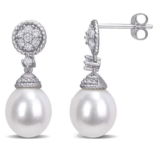 Original AMOUR 995mm Cultured Freshwater Pearl and 13 CT TW Diamond Drop Earrings In 14K White Gold JMS always Earrings