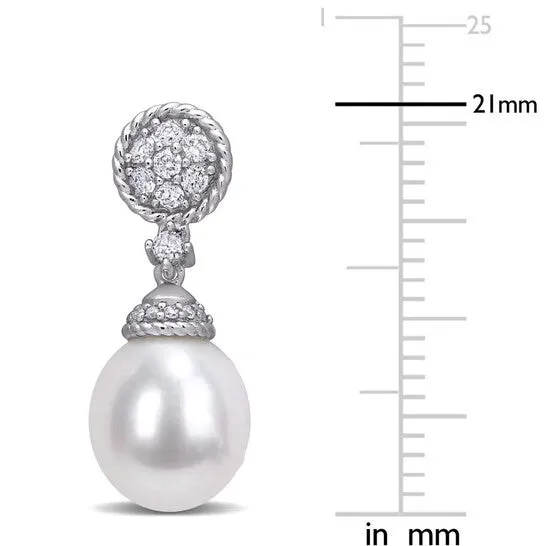 Original AMOUR 995mm Cultured Freshwater Pearl and 13 CT TW Diamond Drop Earrings In 14K White Gold JMS always Earrings