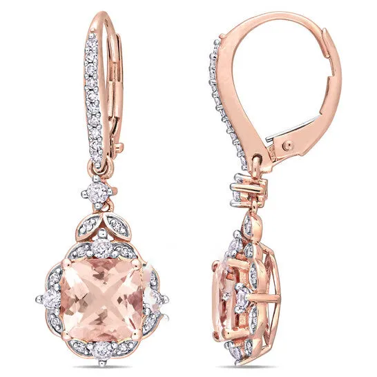 Original AMOUR Morganite White Sapphire and Diamond Accent Halo Vintageinspired Halo Leverback Drop Earrings In 14K Rose Gold JMS always Earrings