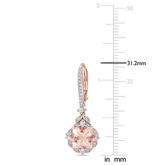 Original AMOUR Morganite White Sapphire and Diamond Accent Halo Vintageinspired Halo Leverback Drop Earrings In 14K Rose Gold JMS always Earrings