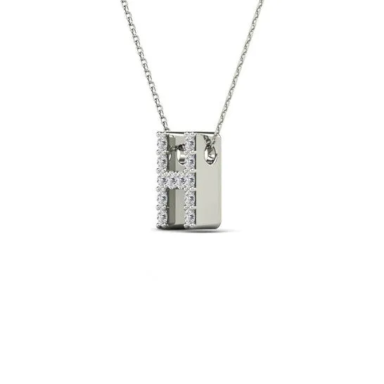 Original Maulijewels 012 Carat Prong Set Diamond Initial H Necklace Pendant For Women In 14K Solid White Gold With 18 Gold Cable Chain JMS always Necklaces