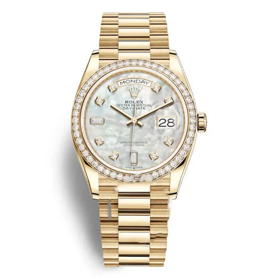 Original Rolex DayDate 36 Mother of Pearl Dial 18kt Yellow Gold President Watch 128348MDP JMS always Necklaces