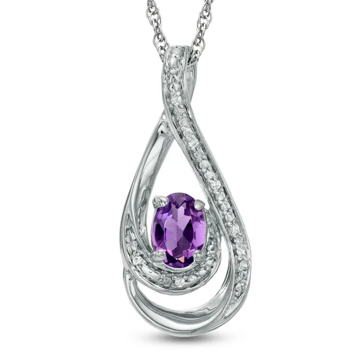 Oval Amethyst and Natural Diamond Accent Loop Pendant in Sterling Silver Goldia Necklaces