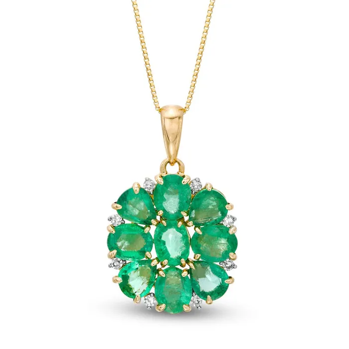 Oval and PearShaped Emerald and 005 CT TW Natural Diamond Flower Pendant in 10K Yellow Gold Goldia Necklaces