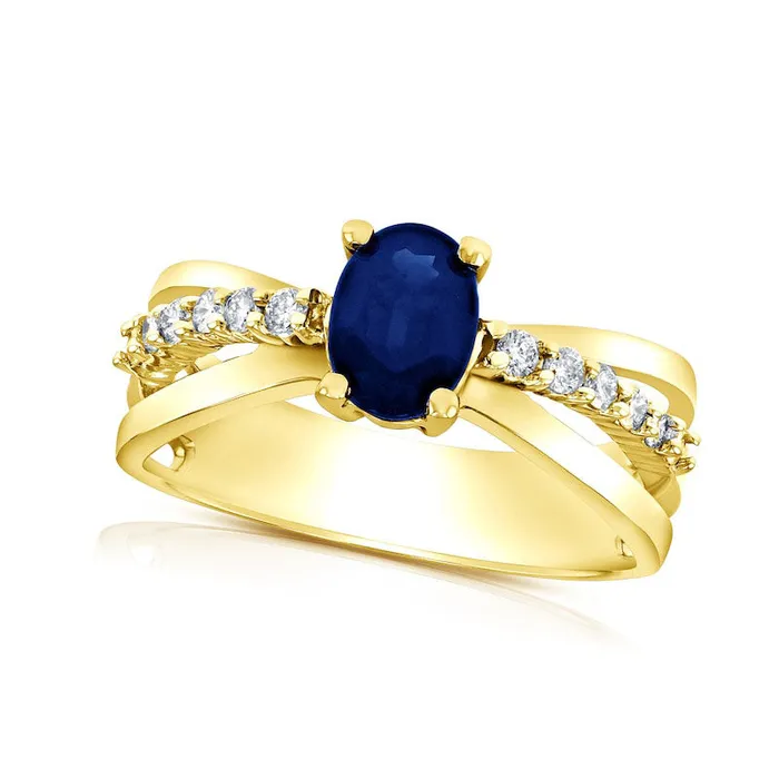 Oval Blue Sapphire and 020 CT TW Natural Diamond Triple Row Split Shank Ring in Solid 14K Gold Goldia Rings