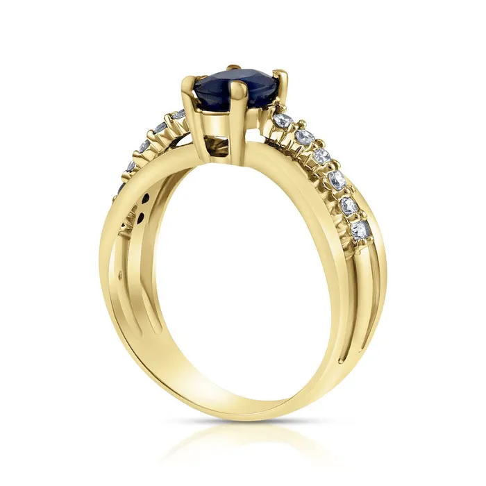 Oval Blue Sapphire and 020 CT TW Natural Diamond Triple Row Split Shank Ring in Solid 14K Gold Goldia Rings