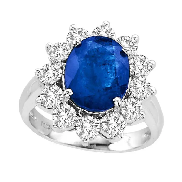 Oval Blue Sapphire and 15 CT TW Natural Diamond Ring in Solid 14K White Gold Goldia Rings
