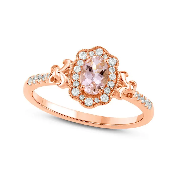 Oval Morganite and 013 CT TW Natural Diamond Frame FleurdeLis Side Accent Antique VintageStyle Ring in Solid 10K Rose Gold Goldia Rings