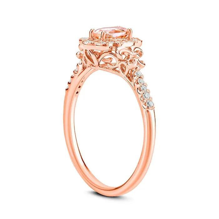 Oval Morganite and 013 CT TW Natural Diamond Frame FleurdeLis Side Accent Antique VintageStyle Ring in Solid 10K Rose Gold Goldia Rings
