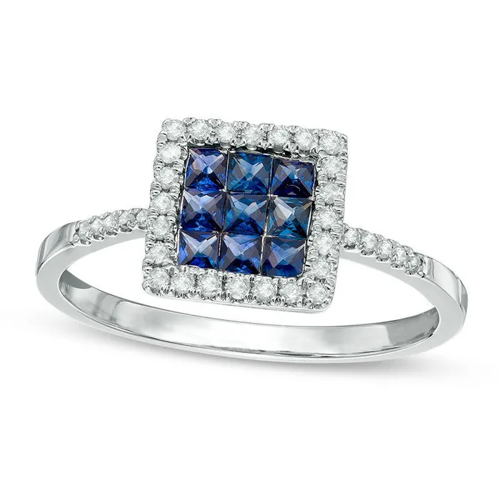 PrincessCut Blue Sapphire and 013 CT TW Natural Diamond Square Frame Ring in Solid 14K White Gold Goldia Rings