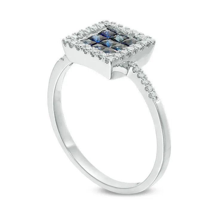 PrincessCut Blue Sapphire and 013 CT TW Natural Diamond Square Frame Ring in Solid 14K White Gold Goldia Rings
