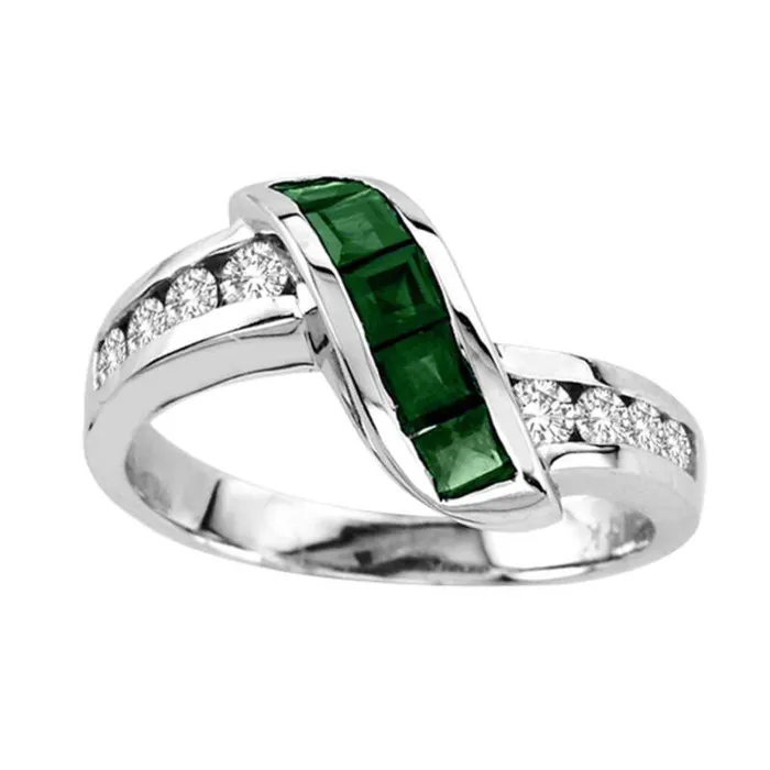 PrincessCut Emerald and 033 CT TW Natural Diamond Slant Ring in Solid 14K White Gold Goldia Rings