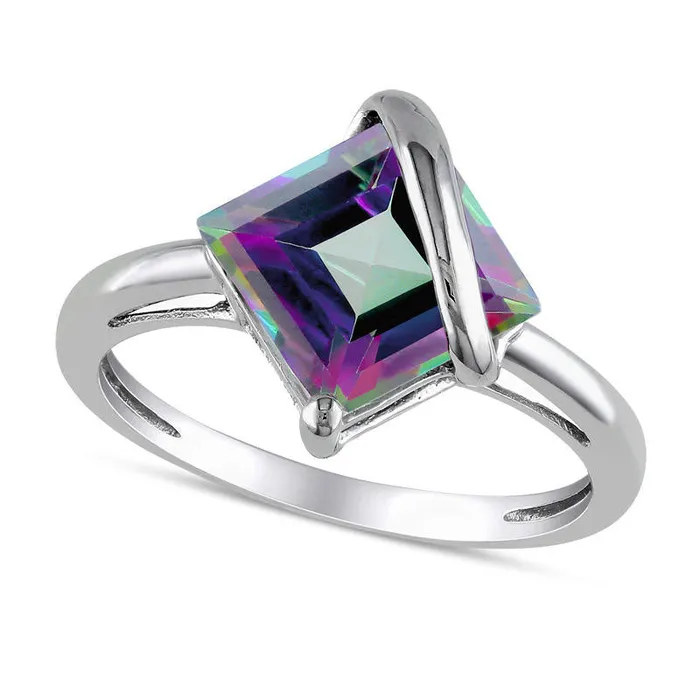 PrincessCut Rainbow Green Topaz Overlay Ring in Solid 10K White Gold Goldia Rings