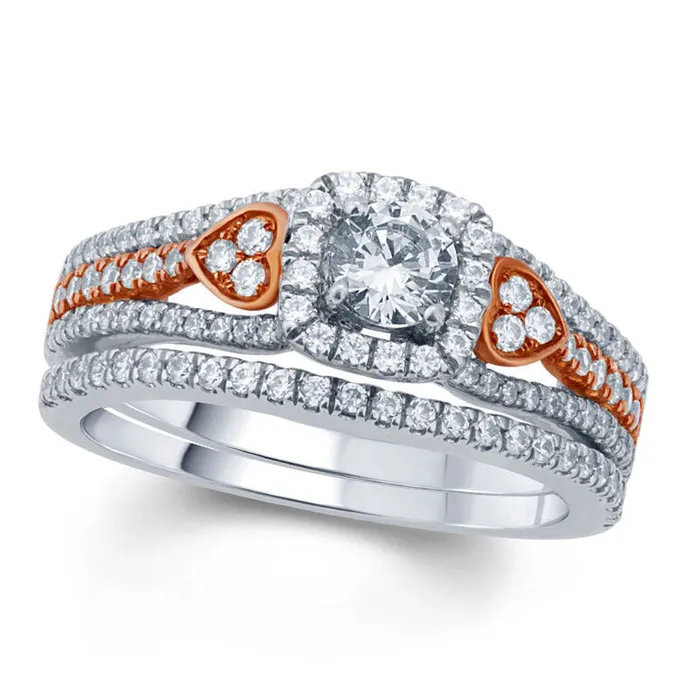 Rings 10 CT TW Natural Diamond Cushion Frame Heart TriSides Bridal Engagement Ring Set in Solid 10K TwoTone Gold Goldia