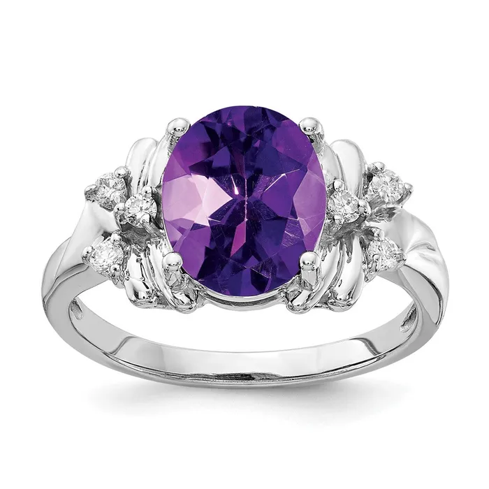 Rings 14k White Gold 10x8mm Oval Amethyst Checker VS Diamond ring Goldia