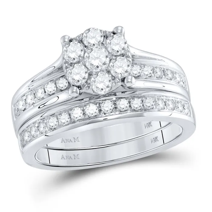 Rings 14k White Gold Round Diamond Cluster Bridal Wedding Ring Set 1 Cttw gndatlanta