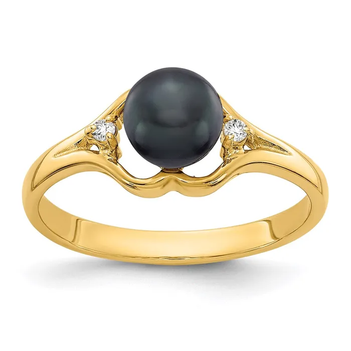 Rings 14K Yellow Gold 6mm Black FW Cultured Pearl A Real Diamond ring Goldia