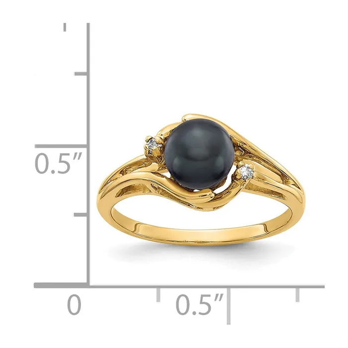 Rings 14K Yellow Gold 6mm Black FW Cultured Pearl A Real Diamond ring Goldia