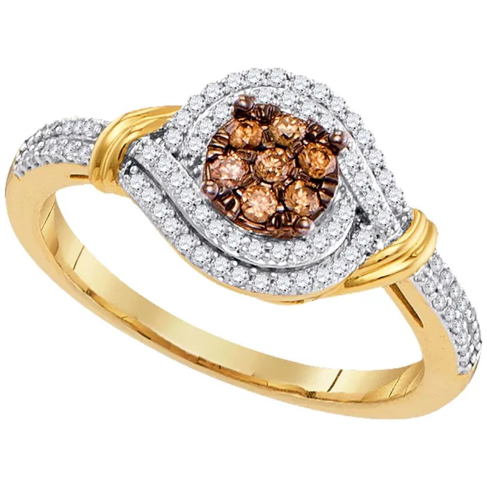 Rings gndatlanta 10k Yellow Gold Round Brown Diamond Cluster Ring 13 Cttw