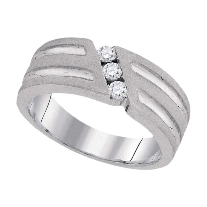 Rings gndatlanta 14k White Gold Round 3Stone Diamond Textured Groove Wedding Band 14 Cttw