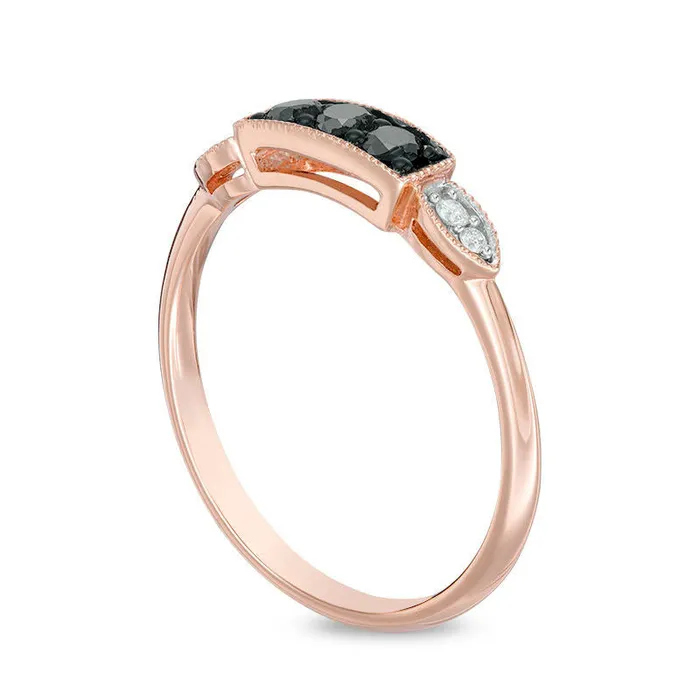 Rings Goldia 025 CT TW Enhanced Black and White Natural Diamond Three Stone Antique VintageStyle Ring in Solid 10K Rose Gold
