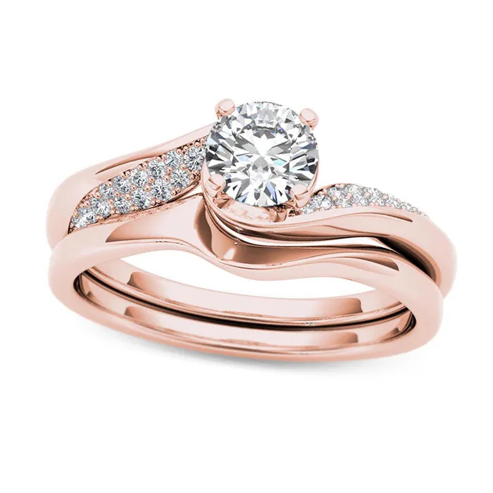 Rings Goldia 063 CT TW Natural Diamond Twist Bypass Bridal Engagement Ring Set in Solid 14K Rose Gold