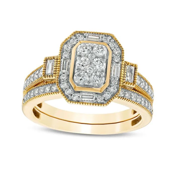 Rings Goldia 075 CT TW Composite Natural Diamond Elongated Octagonal Frame Antique VintageStyle Bridal Engagement Ring Set in Solid 10K Yellow Gold