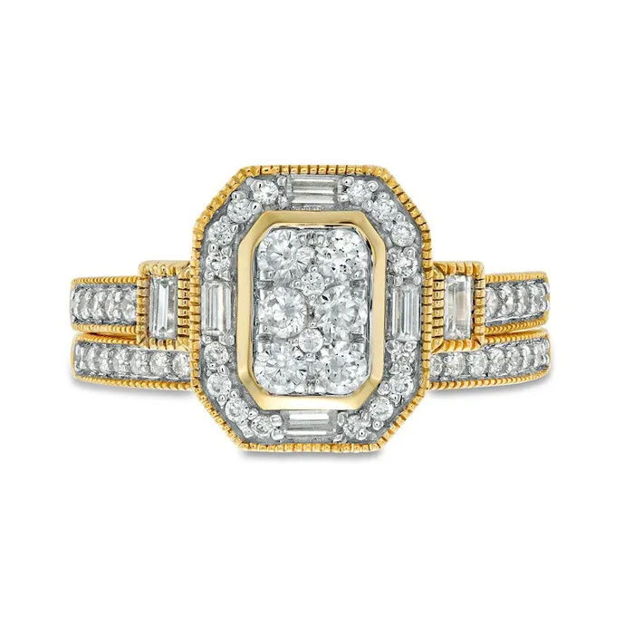 Rings Goldia 075 CT TW Composite Natural Diamond Elongated Octagonal Frame Antique VintageStyle Bridal Engagement Ring Set in Solid 10K Yellow Gold
