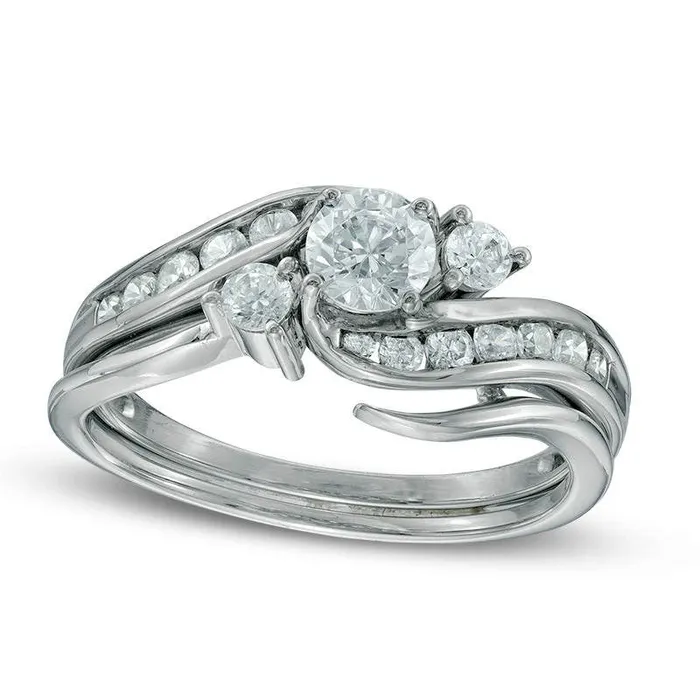 Rings Goldia 075 CT TW Natural Diamond Swirl Bypass Three Stone Bridal Engagement Ring Set in Solid 14K White Gold